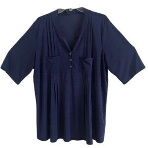Elie McCarthy Knit Blouse Womens Plus 2X Navy Blue Short Sleeve Pleated Pocket
